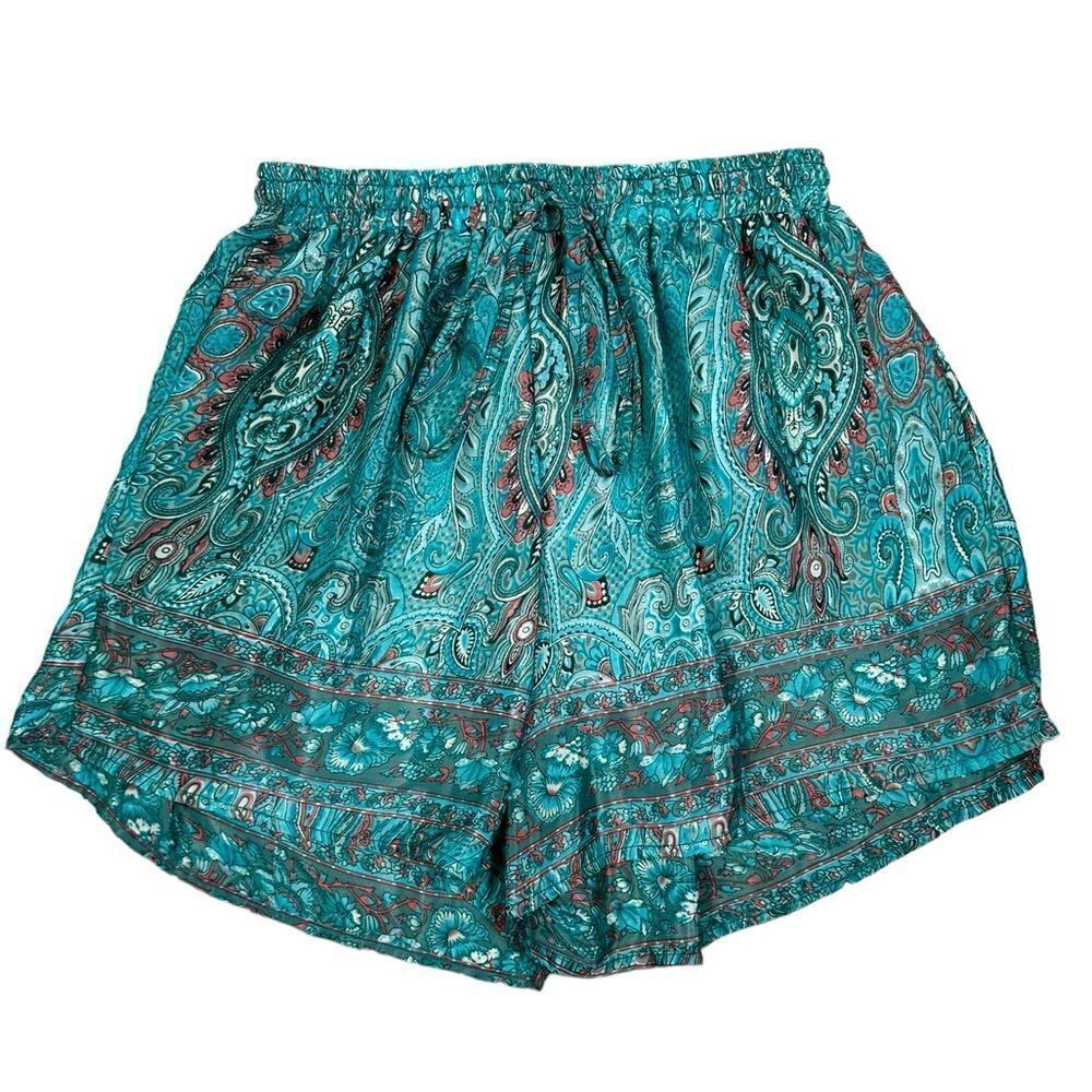 Cynthia Mehra Teal Blue Paisley Print Comfy Drawstring Waist Pajama Lounge Short